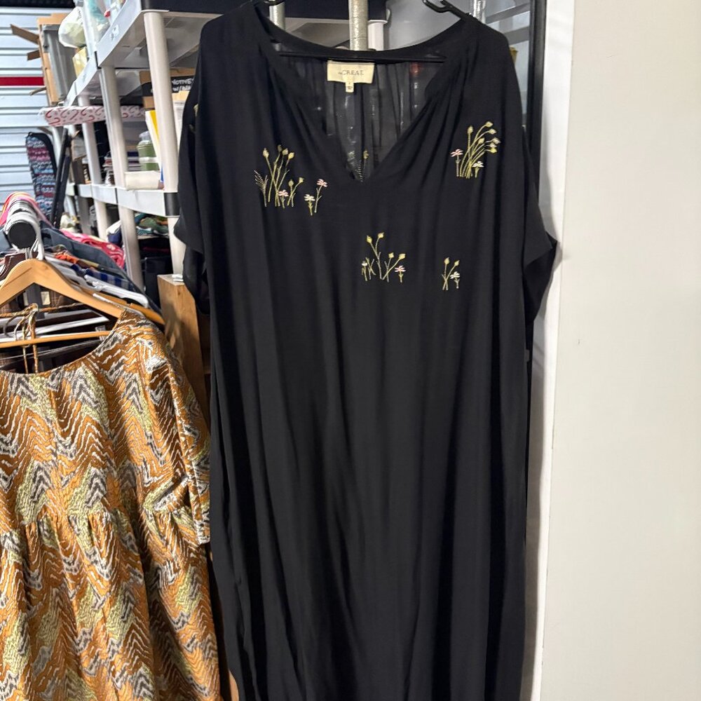 THE GREAT Black Dress with Floral Embroidery